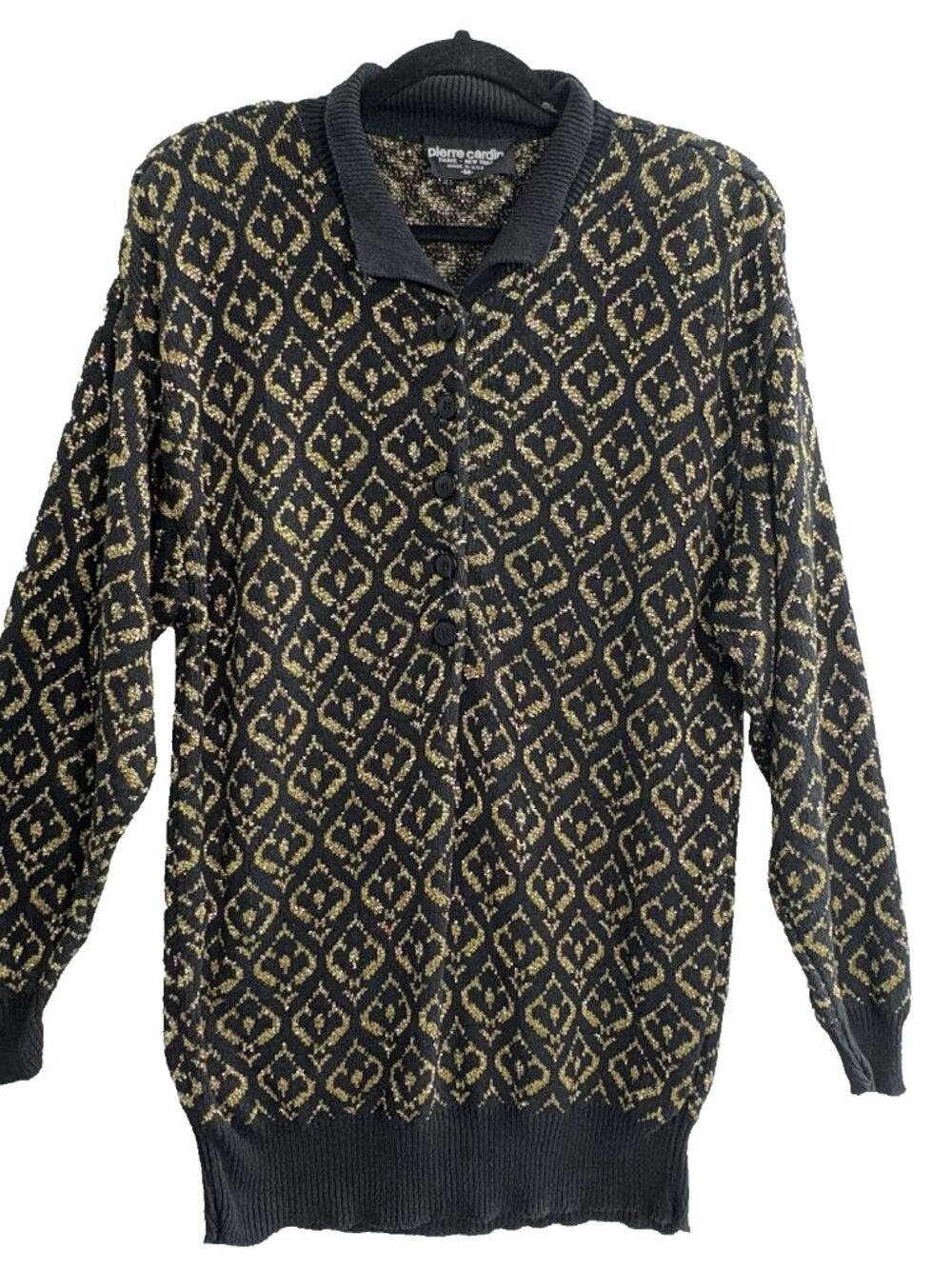 Vtg PIERRE CARDIN Women Pullover Crew Neck Henley Sweater Sz M Black Gold 93-28